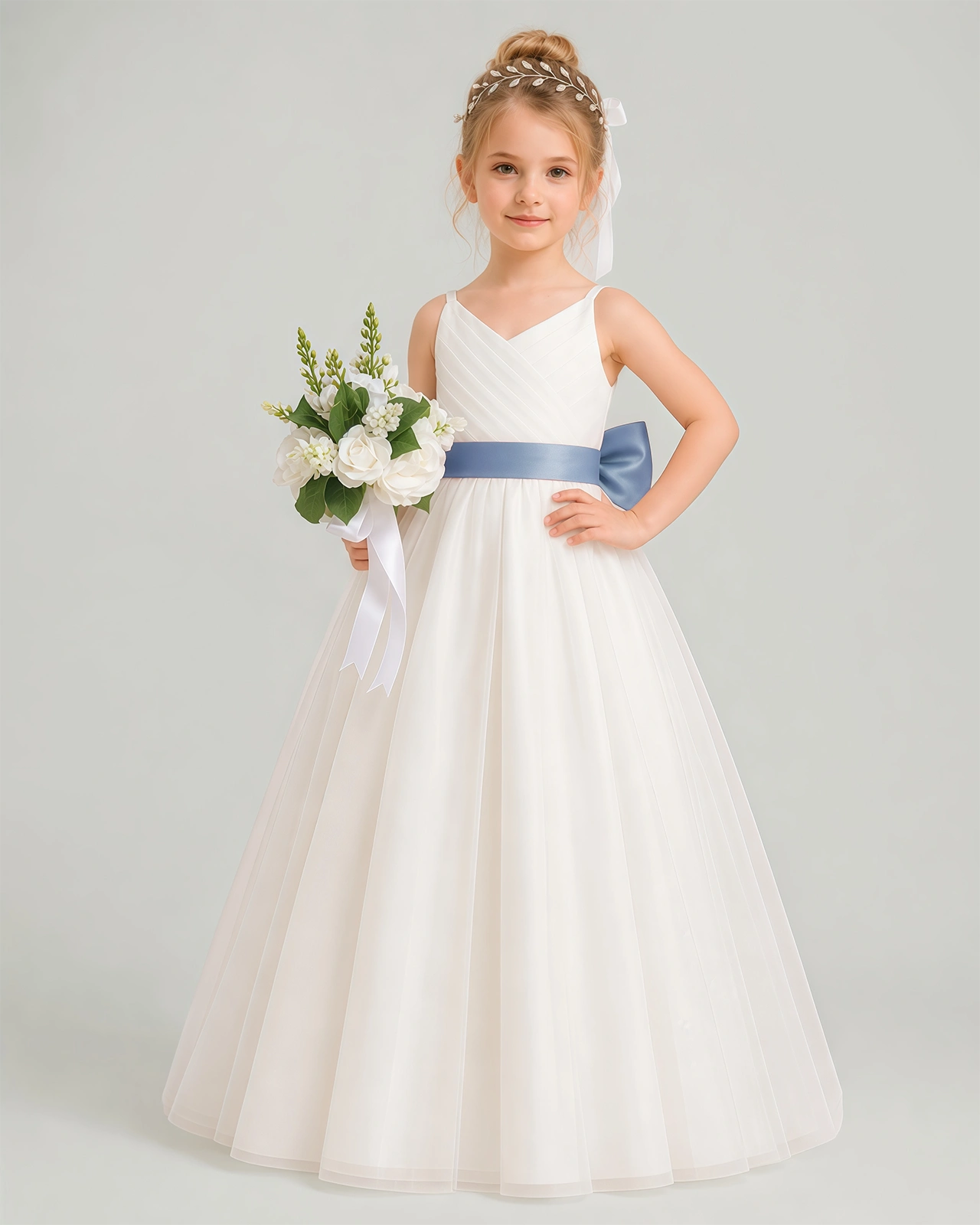 Dideyttawl White Flower Girl Dress Spaghetti Strap Pink Sash Tulle Ball Gown