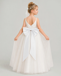 Dideyttawl White Flower Girl Dress Spaghetti Strap Pink Sash Tulle Ball Gown