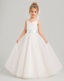 Dideyttawl White Flower Girl Dress Spaghetti Strap Pink Sash Tulle Ball Gown