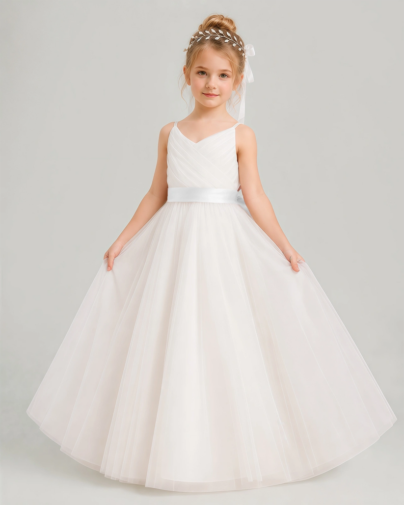 Ivory Tulle A-line Flower Girl Dress Front View