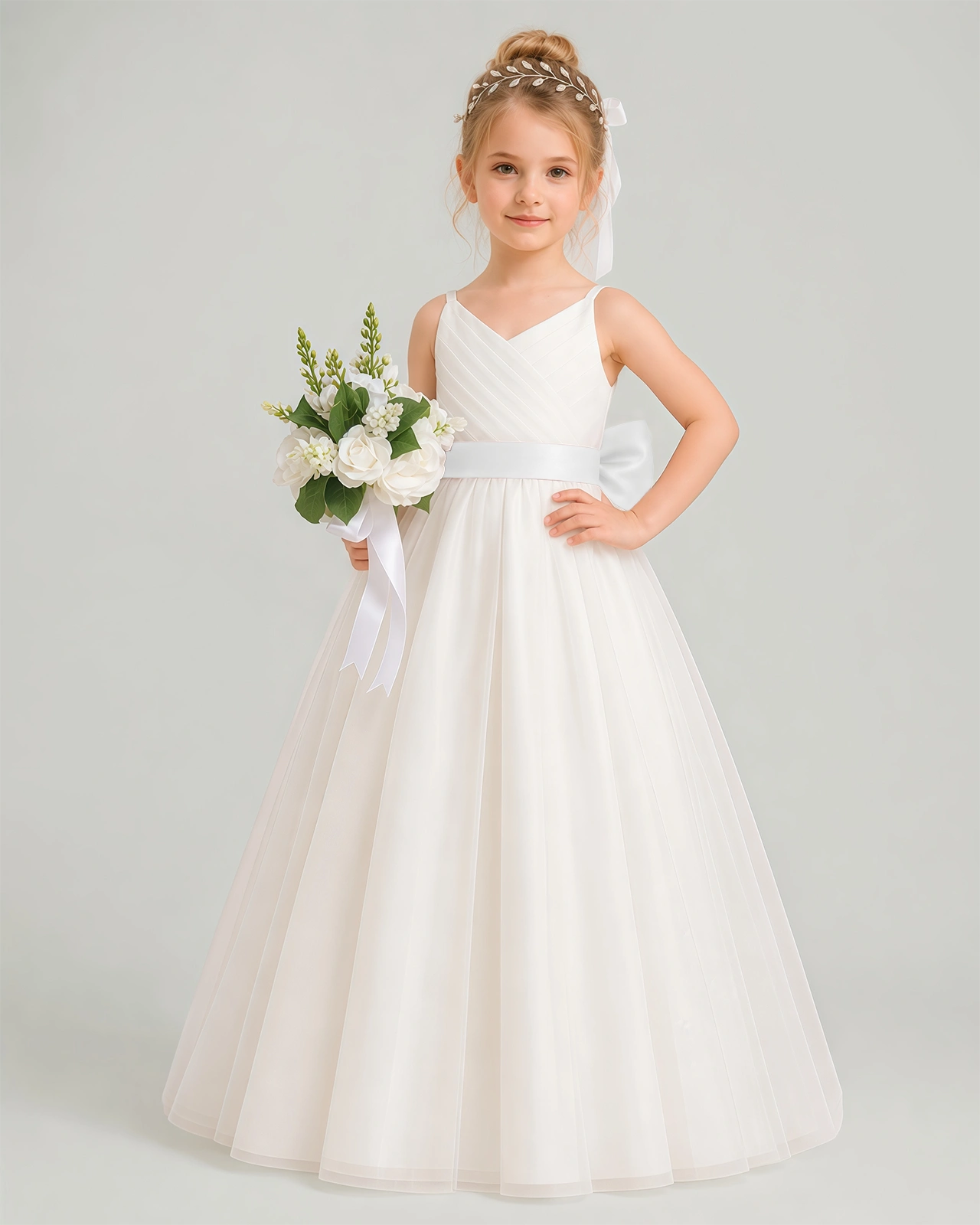 Dideyttawl White Flower Girl Dress | Spaghetti Strap Pink Sash Tulle Ball Gown