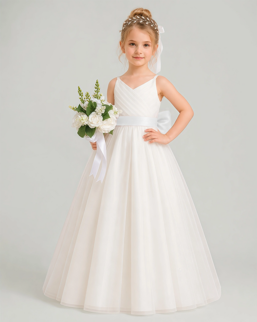 Ivory Tulle A-line Flower Girl Dress Front View