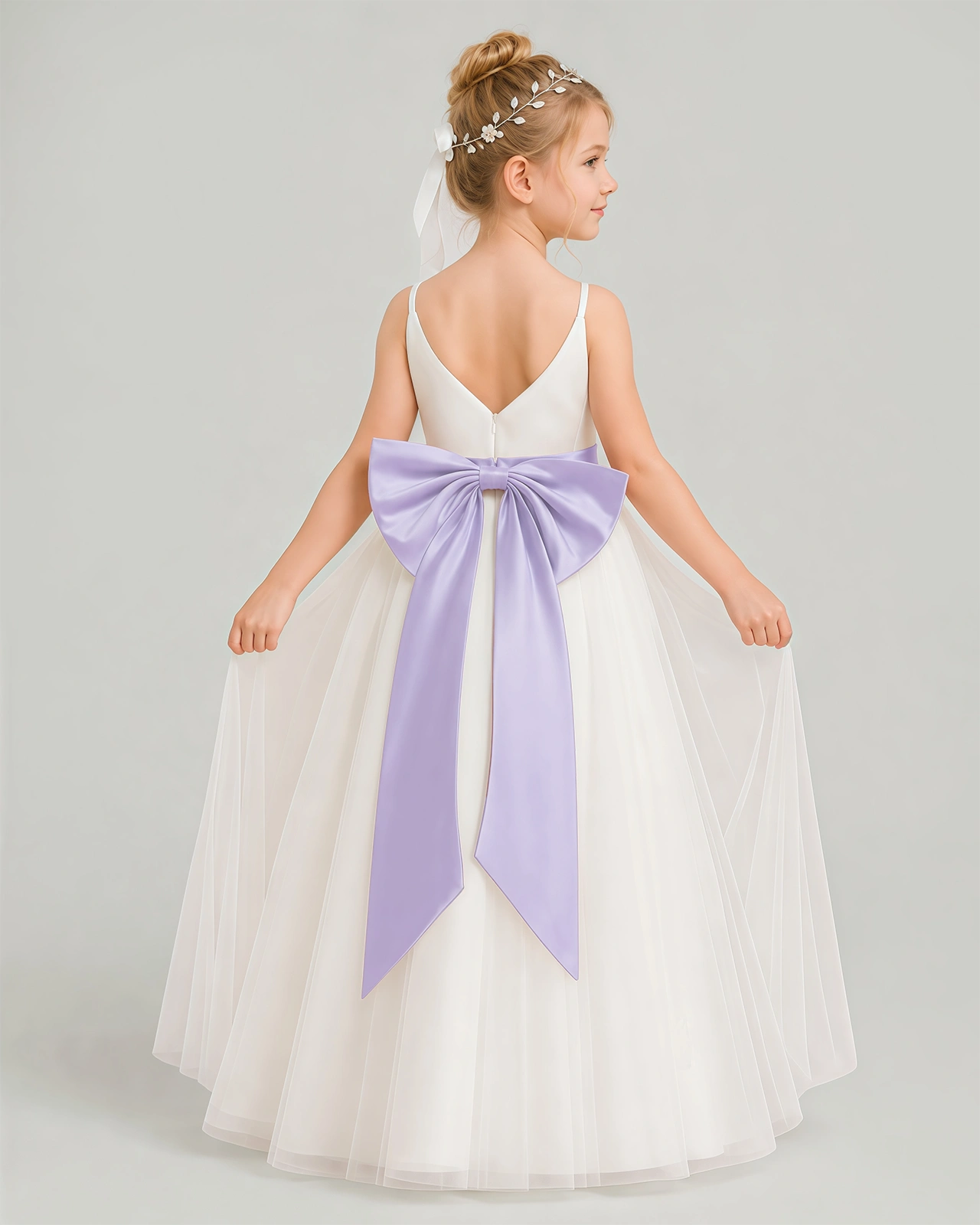 Dideyttawl White Flower Girl Dress | Spaghetti Strap Pink Sash Tulle Ball Gown