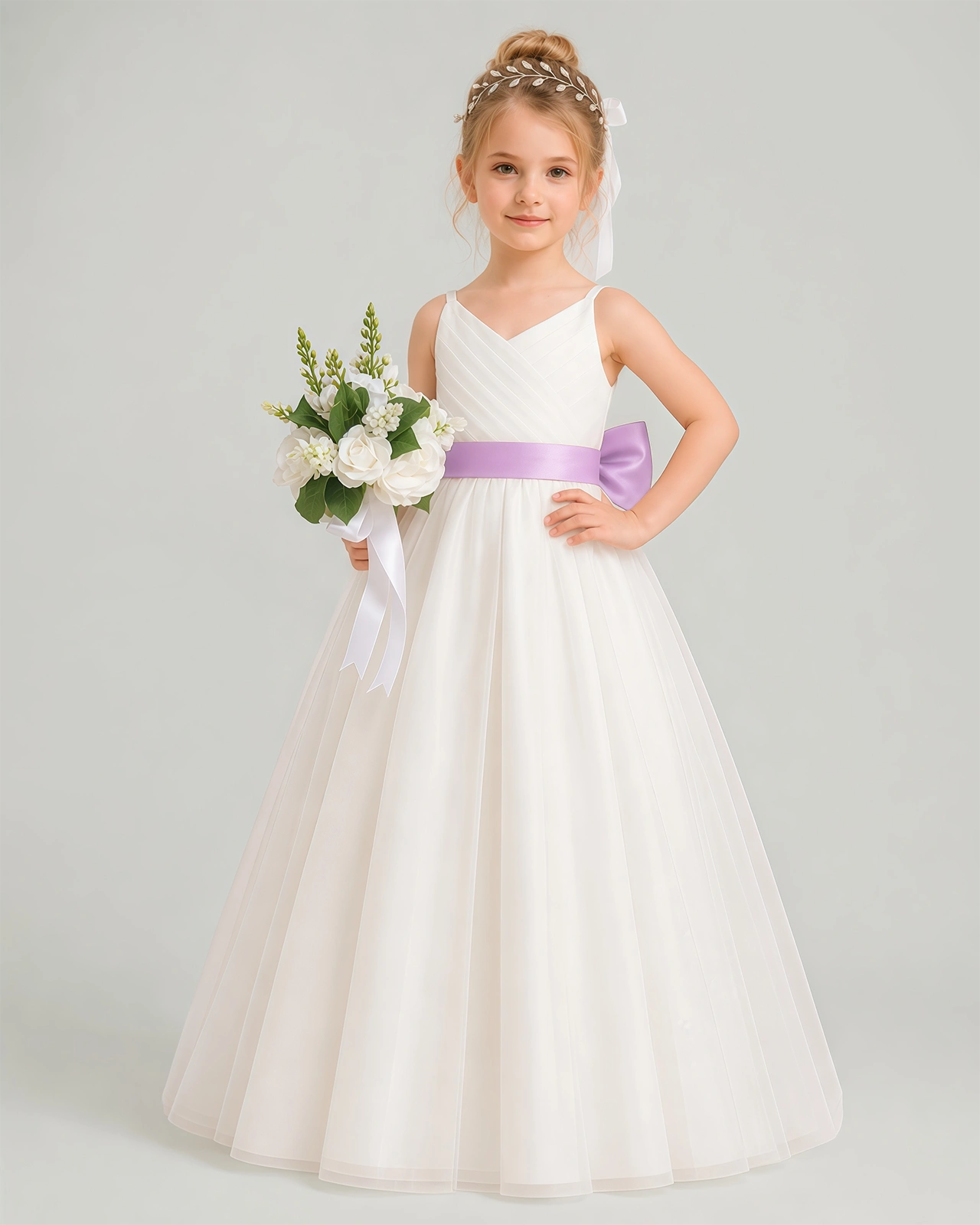 Dideyttawl White Flower Girl Dress | Spaghetti Strap Pink Sash Tulle Ball Gown