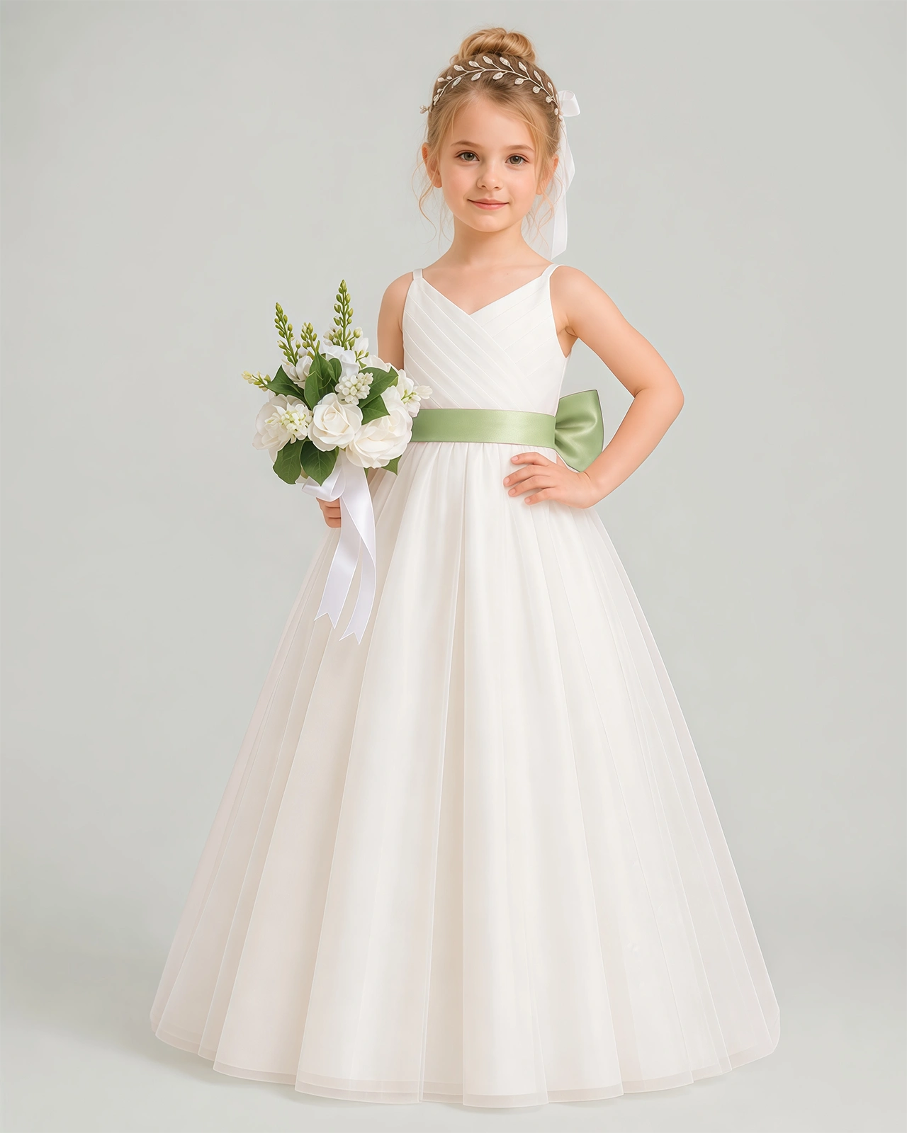 Dideyttawl White Flower Girl Dress | Spaghetti Strap Pink Sash Tulle Ball Gown