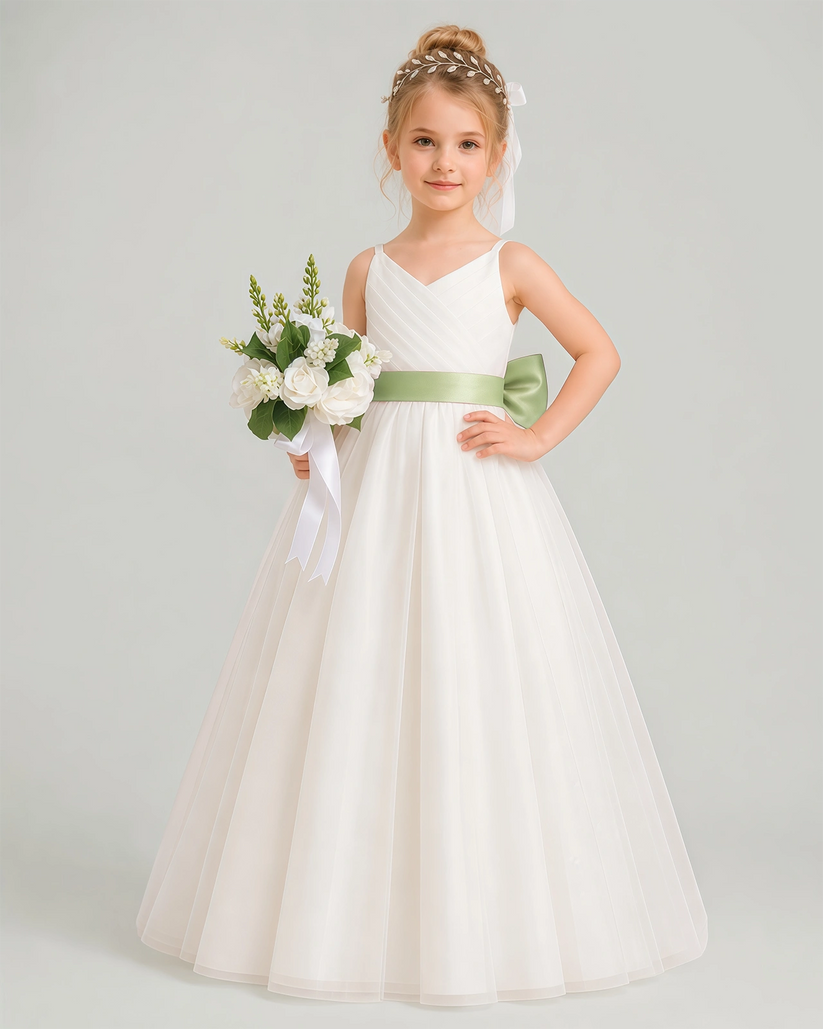 Sage Green Tulle A-line Flower Girl Dress Front View