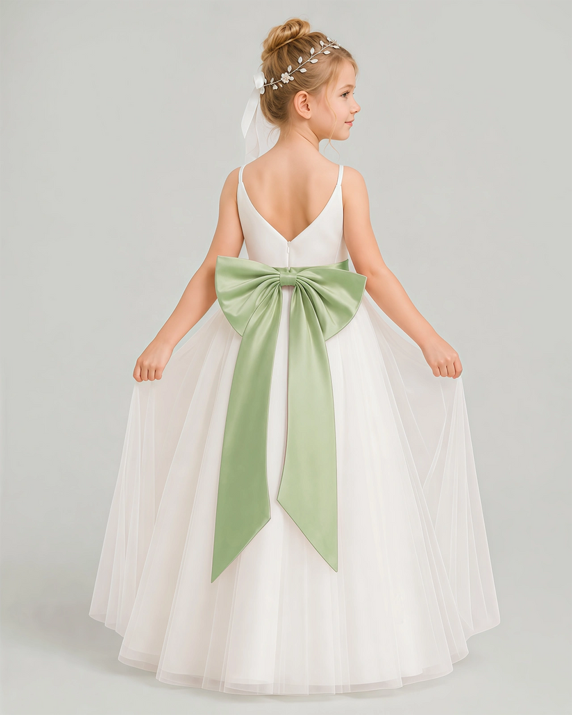 Sage Green Tulle A-line Flower Girl Dress Back View