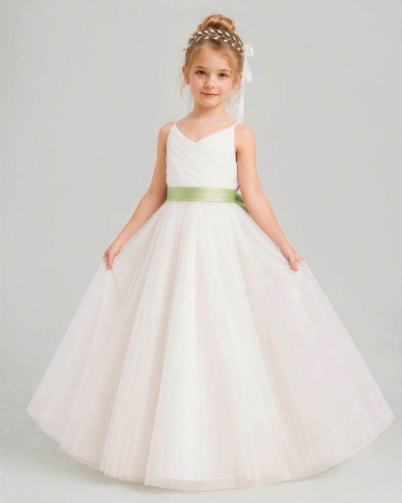 Sage Green Tulle A-line Flower Girl Dress Front View