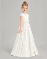 Ivory Satin A-line Flower Girl Dress Front View