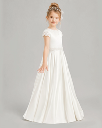 Dideyttawl White Flower Girl Dress Cap Sleeve Lace Back Satin Ball Gown
