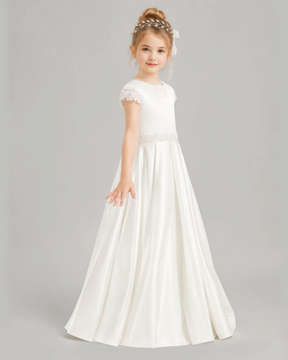 Dideyttawl White Flower Girl Dress | Cap Sleeve Lace Back Satin Ball Gown