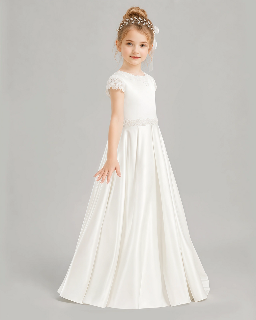 Ivory Satin A-line Flower Girl Dress Front View