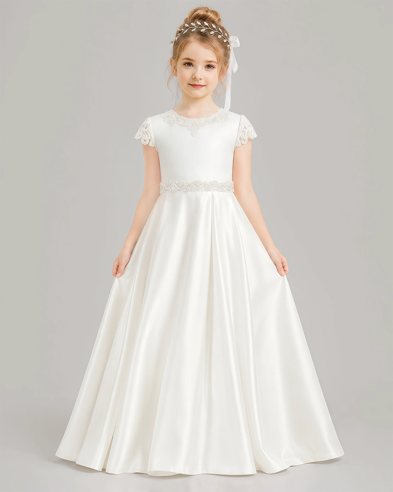 Dideyttawl White Flower Girl Dress Cap Sleeve Lace Back Satin Ball Gown