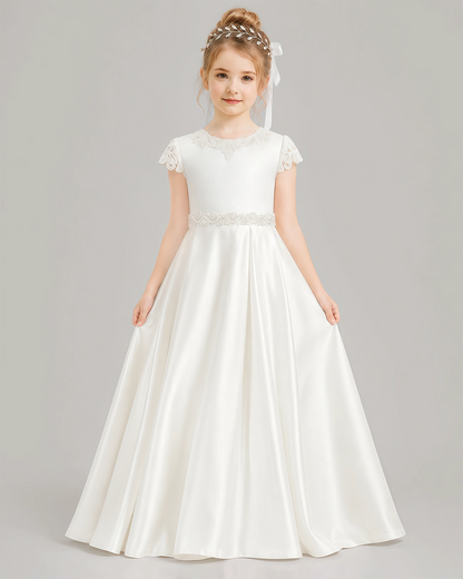 Dideyttawl White Flower Girl Dress | Cap Sleeve Lace Back Satin Ball Gown