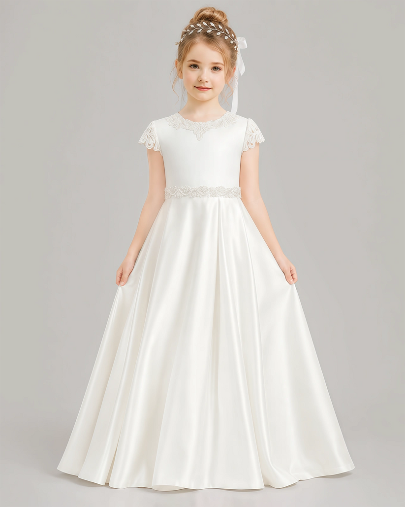 Ivory Satin A-line Flower Girl Dress Front View