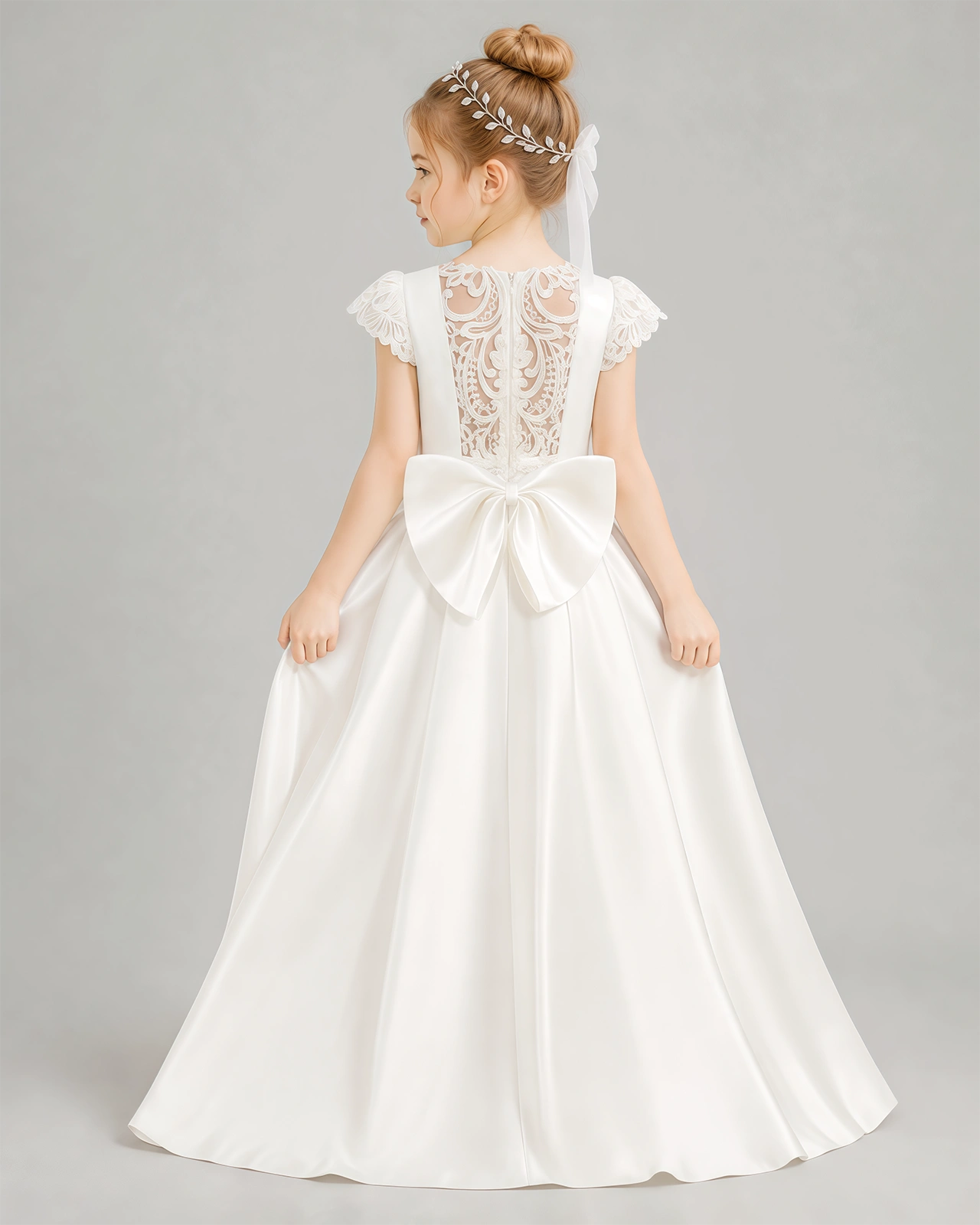 Dideyttawl White Flower Girl Dress | Cap Sleeve Lace Back Satin Ball Gown