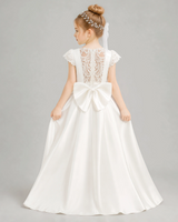 Ivory Satin A-line Flower Girl Dress Back View