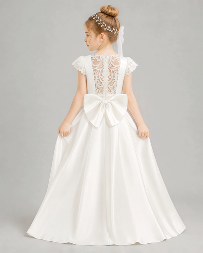 Dideyttawl White Flower Girl Dress | Cap Sleeve Lace Back Satin Ball Gown