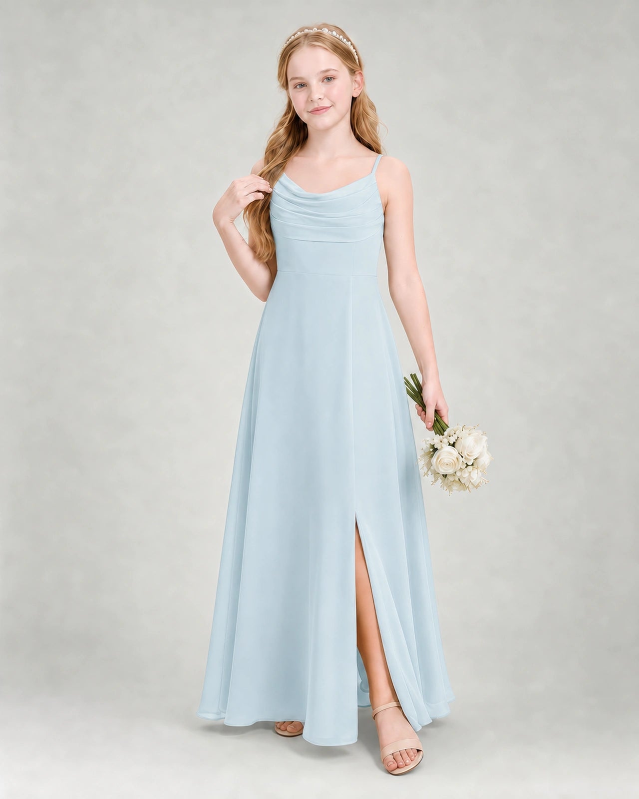 Dideyttawl Dusty Blue Junior Bridesmaid Dress | Spaghetti Strap Ruched Chiffon Floor-Length Gown