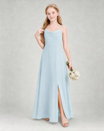 Dideyttawl Dusty Blue Junior Bridesmaid Dress Spaghetti Strap Ruched Chiffon Floor-Length Gown