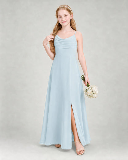 Dideyttawl Dusty Blue Junior Bridesmaid Dress | Spaghetti Strap Ruched Chiffon Floor-Length Gown