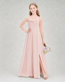 Dideyttawl Dusty Blue Junior Bridesmaid Dress Spaghetti Strap Ruched Chiffon Floor-Length Gown