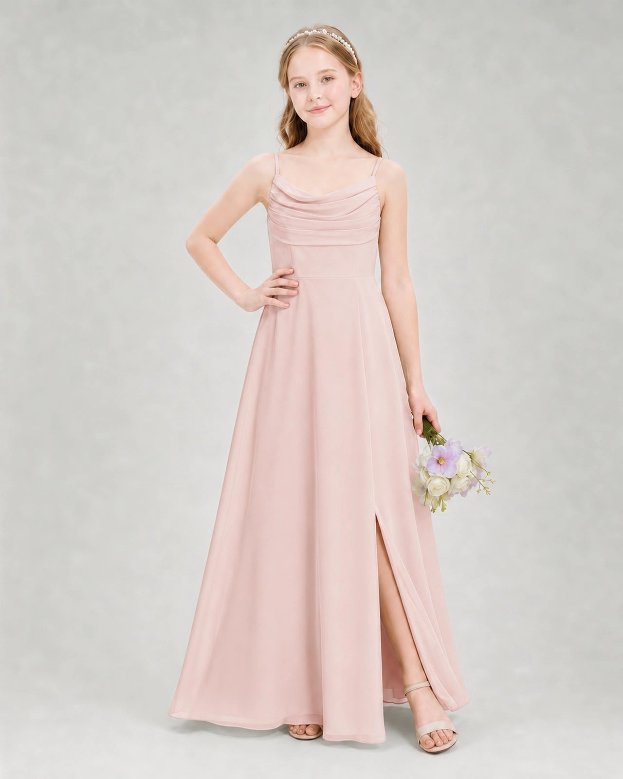 Dideyttawl Dusty Blue Junior Bridesmaid Dress Spaghetti Strap Ruched Chiffon Floor-Length Gown
