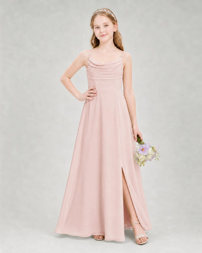Dideyttawl Dusty Blue Junior Bridesmaid Dress | Spaghetti Strap Ruched Chiffon Floor-Length Gown