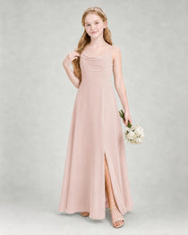 Dideyttawl Dusty Blue Junior Bridesmaid Dress Spaghetti Strap Ruched Chiffon Floor-Length Gown
