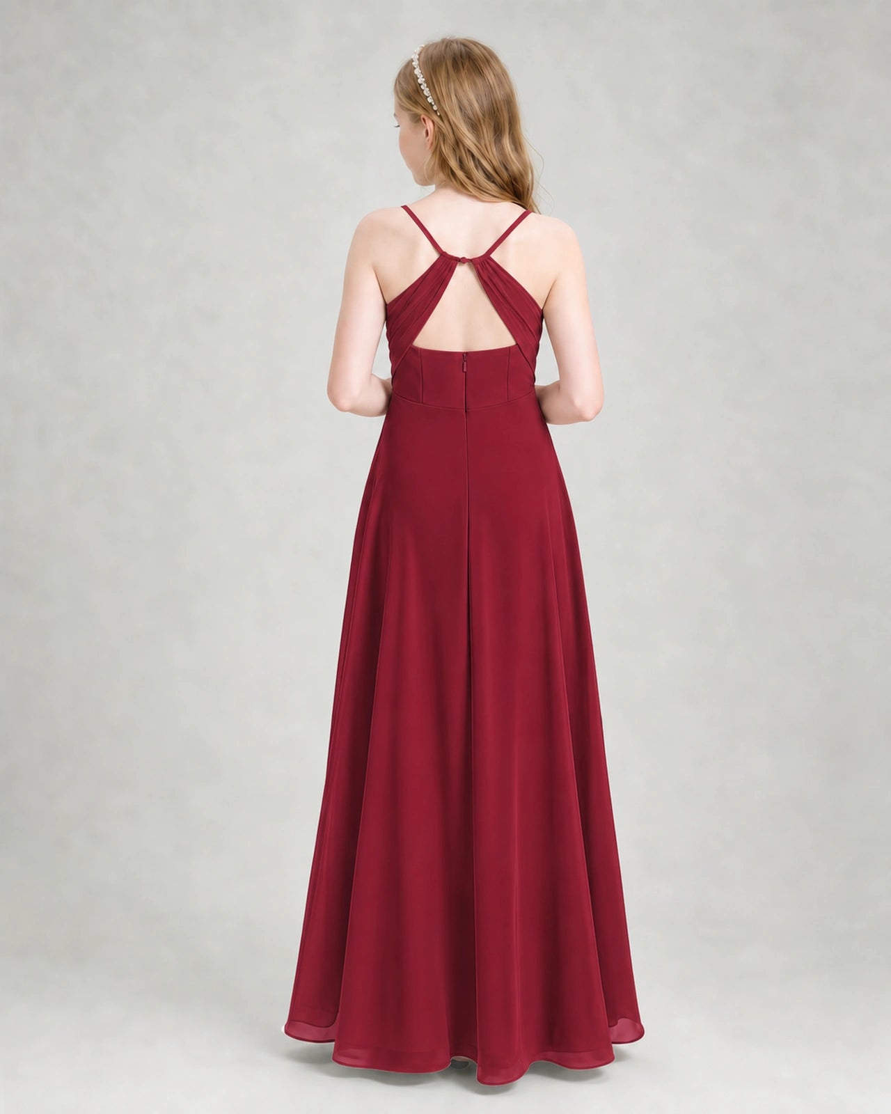 Dideyttawl Dusty Blue Junior Bridesmaid Dress | Spaghetti Strap Ruched Chiffon Floor-Length Gown