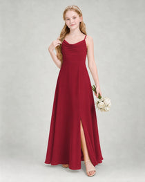 Dideyttawl Dusty Blue Junior Bridesmaid Dress Spaghetti Strap Ruched Chiffon Floor-Length Gown