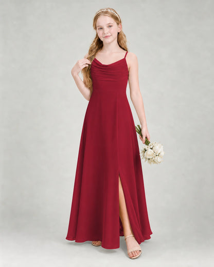 Dideyttawl Dusty Blue Junior Bridesmaid Dress | Spaghetti Strap Ruched Chiffon Floor-Length Gown