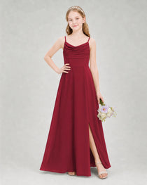 Dideyttawl Dusty Blue Junior Bridesmaid Dress Spaghetti Strap Ruched Chiffon Floor-Length Gown