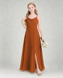 Dideyttawl Dusty Blue Junior Bridesmaid Dress Spaghetti Strap Ruched Chiffon Floor-Length Gown