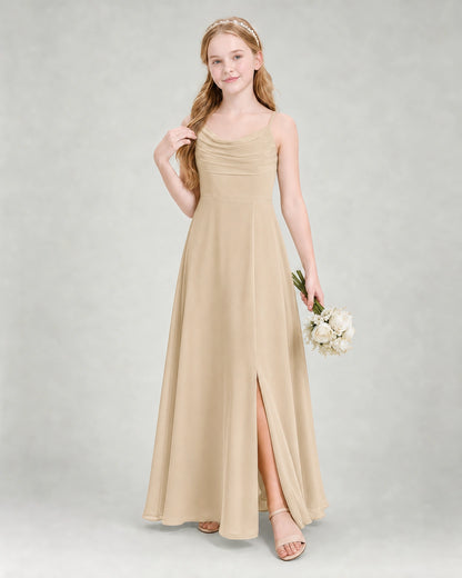 Dideyttawl Dusty Blue Junior Bridesmaid Dress | Spaghetti Strap Ruched Chiffon Floor-Length Gown