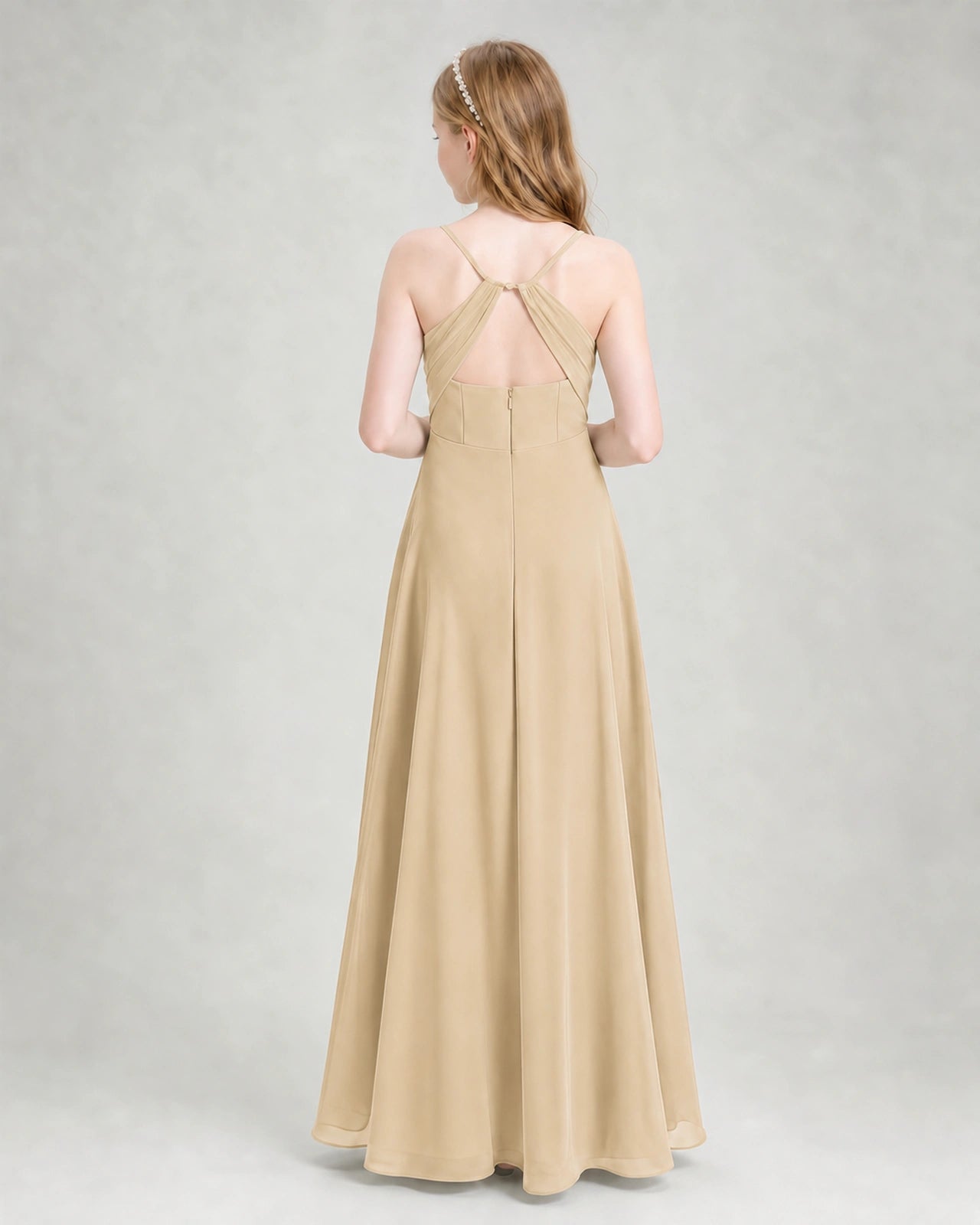 Dideyttawl Dusty Blue Junior Bridesmaid Dress Spaghetti Strap Ruched Chiffon Floor-Length Gown