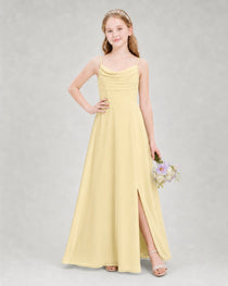 Dideyttawl Dusty Blue Junior Bridesmaid Dress Spaghetti Strap Ruched Chiffon Floor-Length Gown