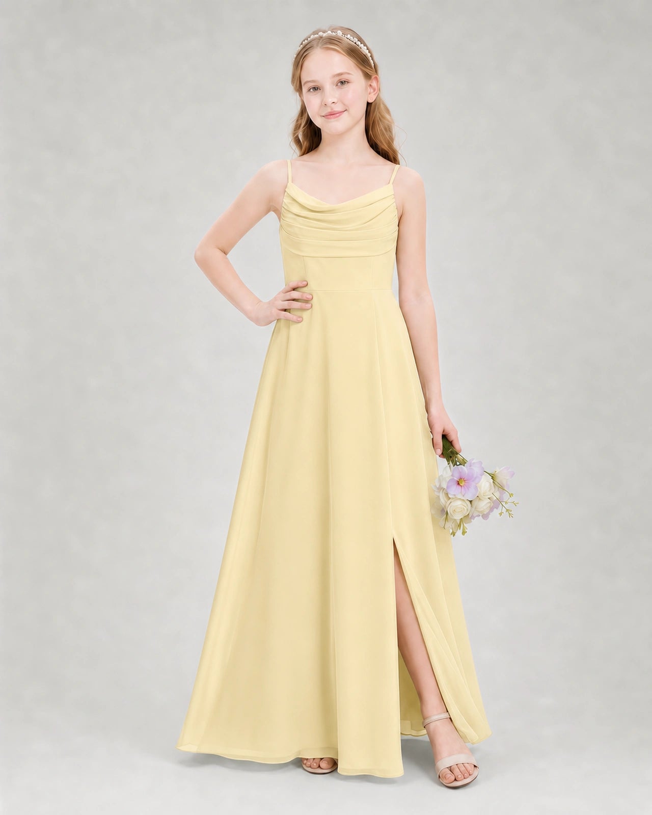 Dideyttawl Dusty Blue Junior Bridesmaid Dress Spaghetti Strap Ruched Chiffon Floor-Length Gown