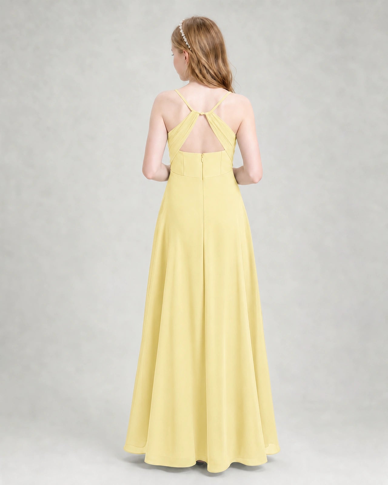 Dideyttawl Dusty Blue Junior Bridesmaid Dress | Spaghetti Strap Ruched Chiffon Floor-Length Gown