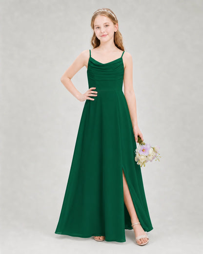 Dideyttawl Dusty Blue Junior Bridesmaid Dress | Spaghetti Strap Ruched Chiffon Floor-Length Gown