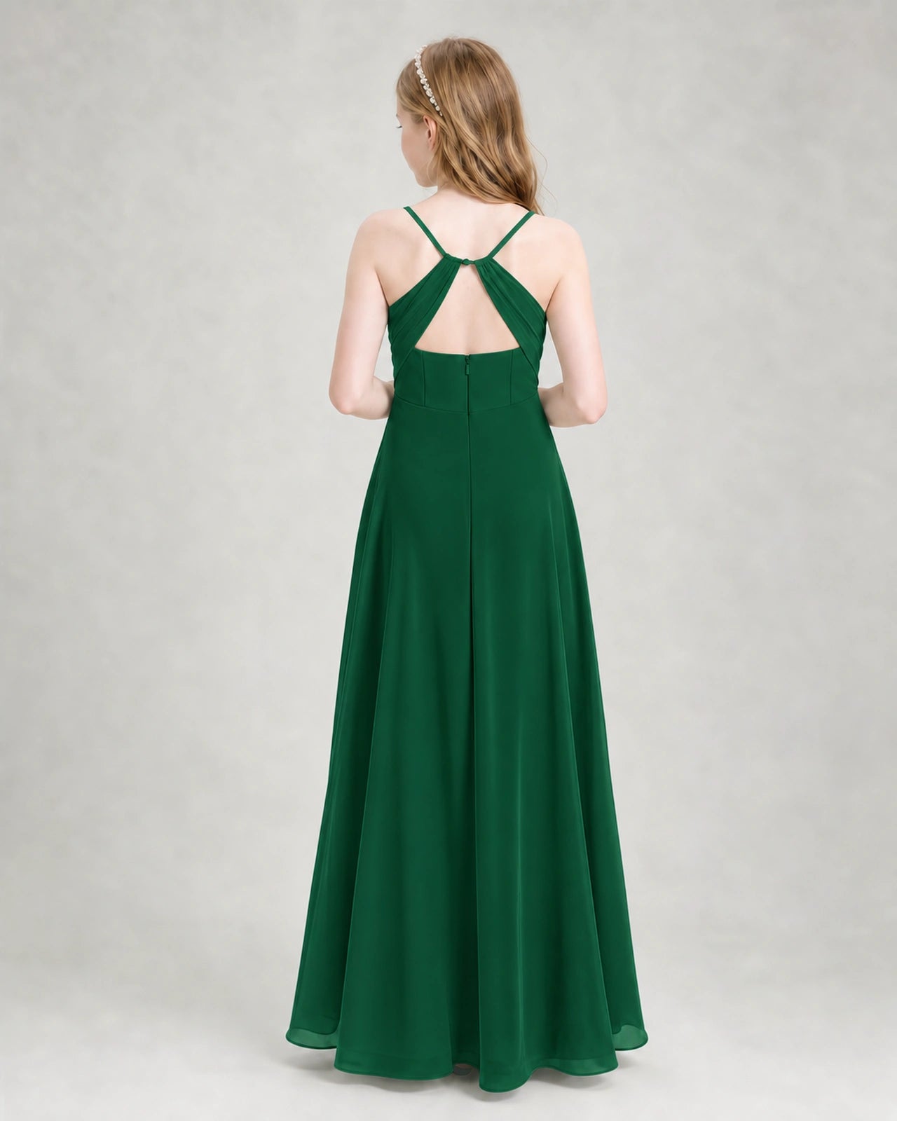Dideyttawl Dusty Blue Junior Bridesmaid Dress | Spaghetti Strap Ruched Chiffon Floor-Length Gown