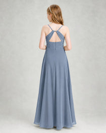 Dideyttawl Dusty Blue Junior Bridesmaid Dress Spaghetti Strap Ruched Chiffon Floor-Length Gown
