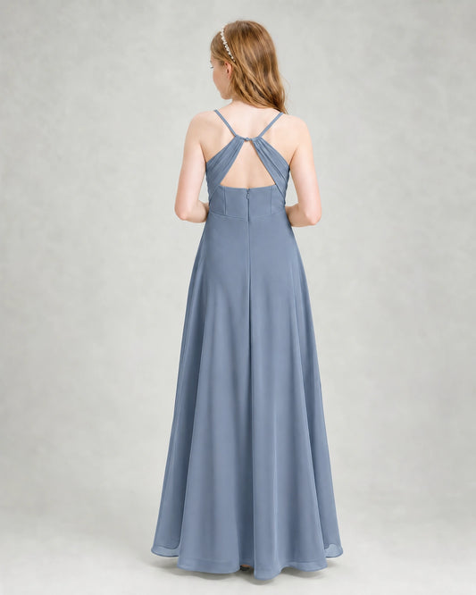 Dusty Blue Chiffon A-line Junior Bridesmaid Dress Back View