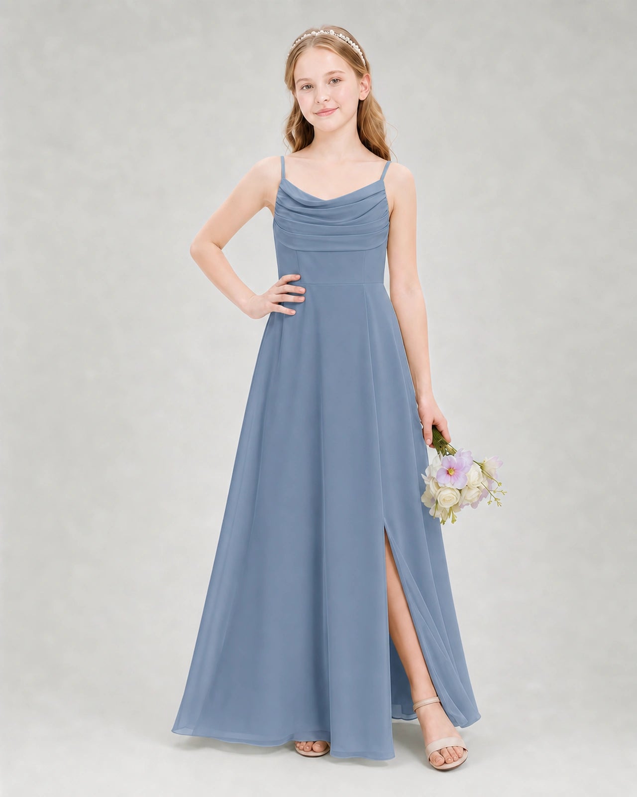 Dideyttawl Dusty Blue Junior Bridesmaid Dress Spaghetti Strap Ruched Chiffon Floor-Length Gown