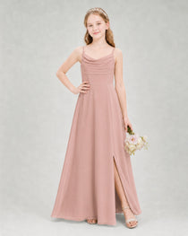 Dideyttawl Dusty Blue Junior Bridesmaid Dress Spaghetti Strap Ruched Chiffon Floor-Length Gown