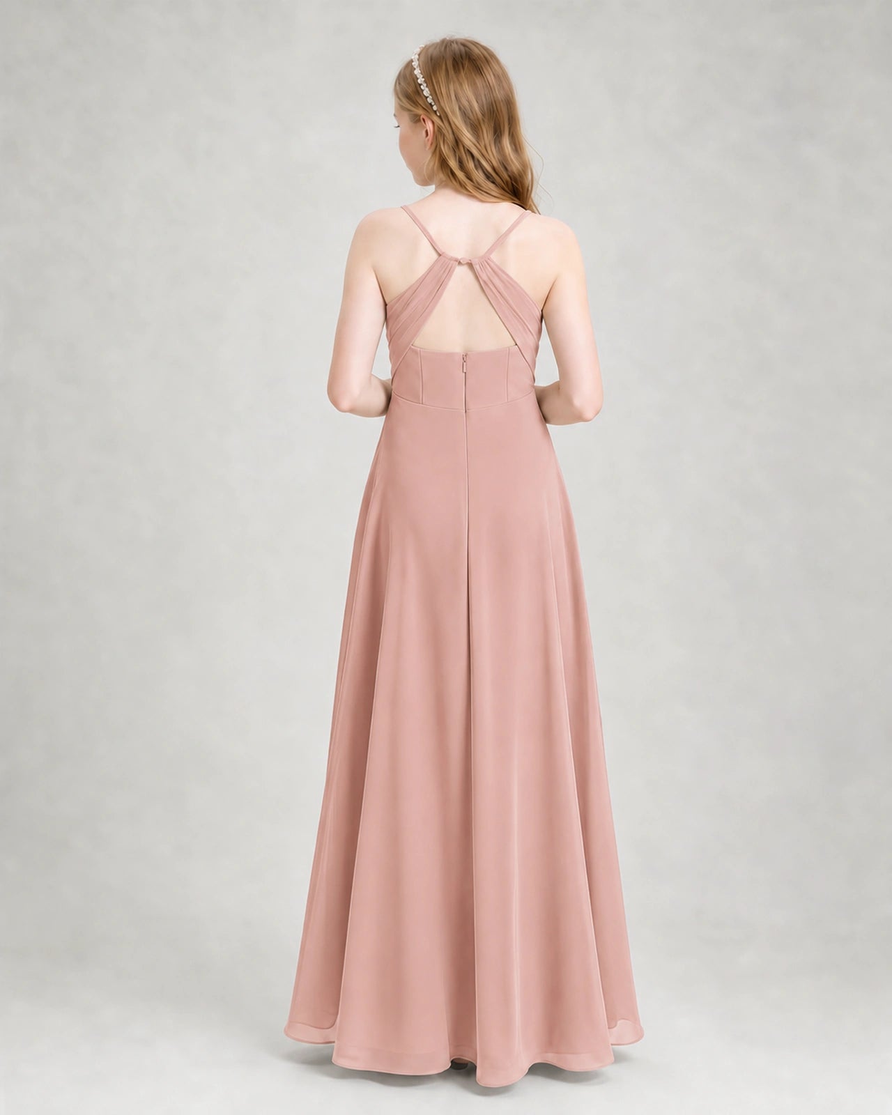 Dideyttawl Dusty Blue Junior Bridesmaid Dress | Spaghetti Strap Ruched Chiffon Floor-Length Gown