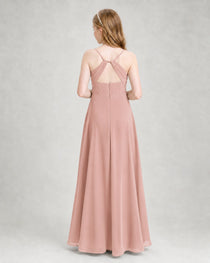 Dideyttawl Dusty Blue Junior Bridesmaid Dress Spaghetti Strap Ruched Chiffon Floor-Length Gown