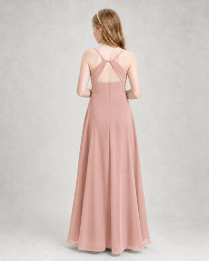 Dideyttawl Dusty Blue Junior Bridesmaid Dress | Spaghetti Strap Ruched Chiffon Floor-Length Gown