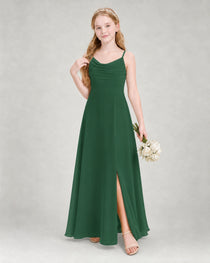 Dideyttawl Dusty Blue Junior Bridesmaid Dress Spaghetti Strap Ruched Chiffon Floor-Length Gown