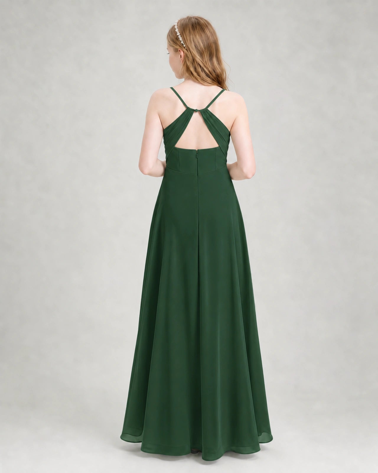 Dideyttawl Dusty Blue Junior Bridesmaid Dress Spaghetti Strap Ruched Chiffon Floor-Length Gown